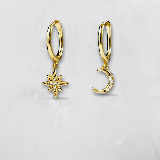 Star & Moon Huggie Earrings - Silver & Gold