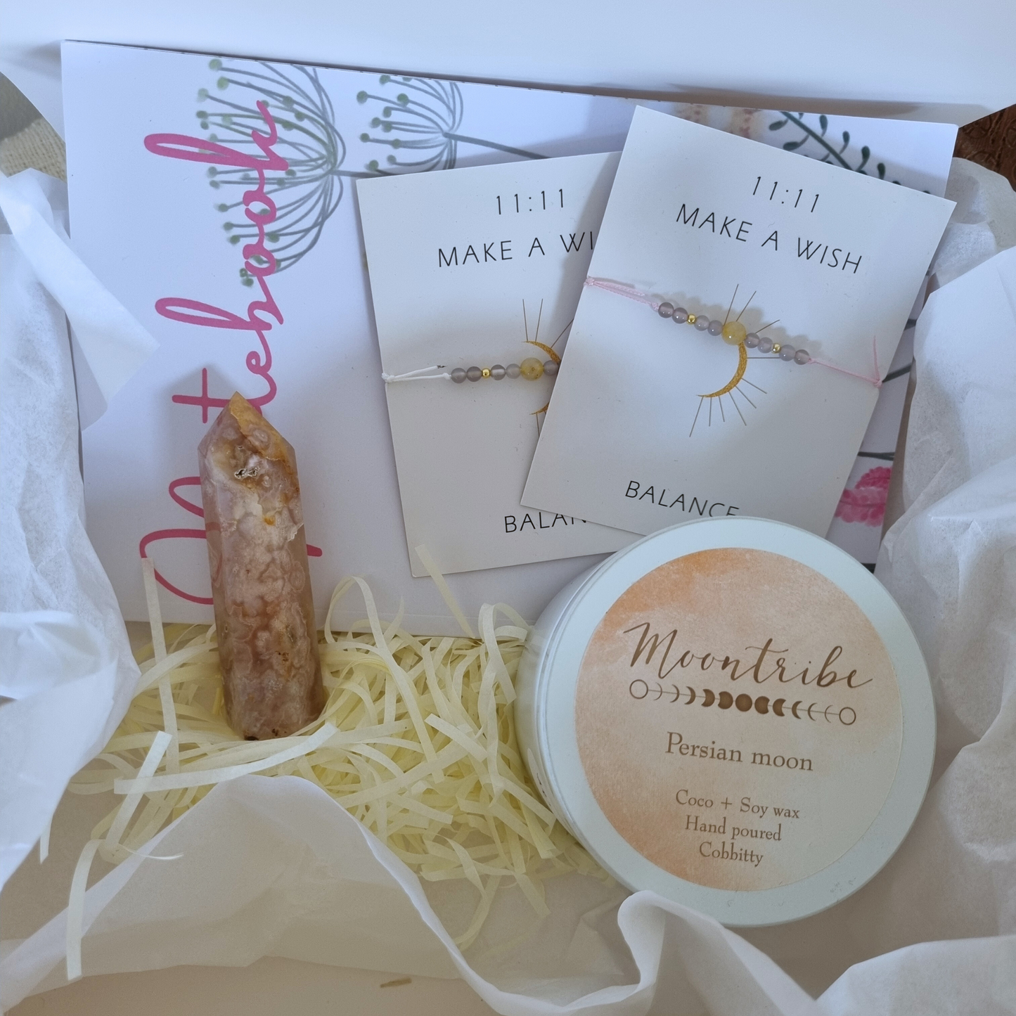 Gift box - Notebook,Candle,bracelets and Cherry Blossom Agate Obelisk