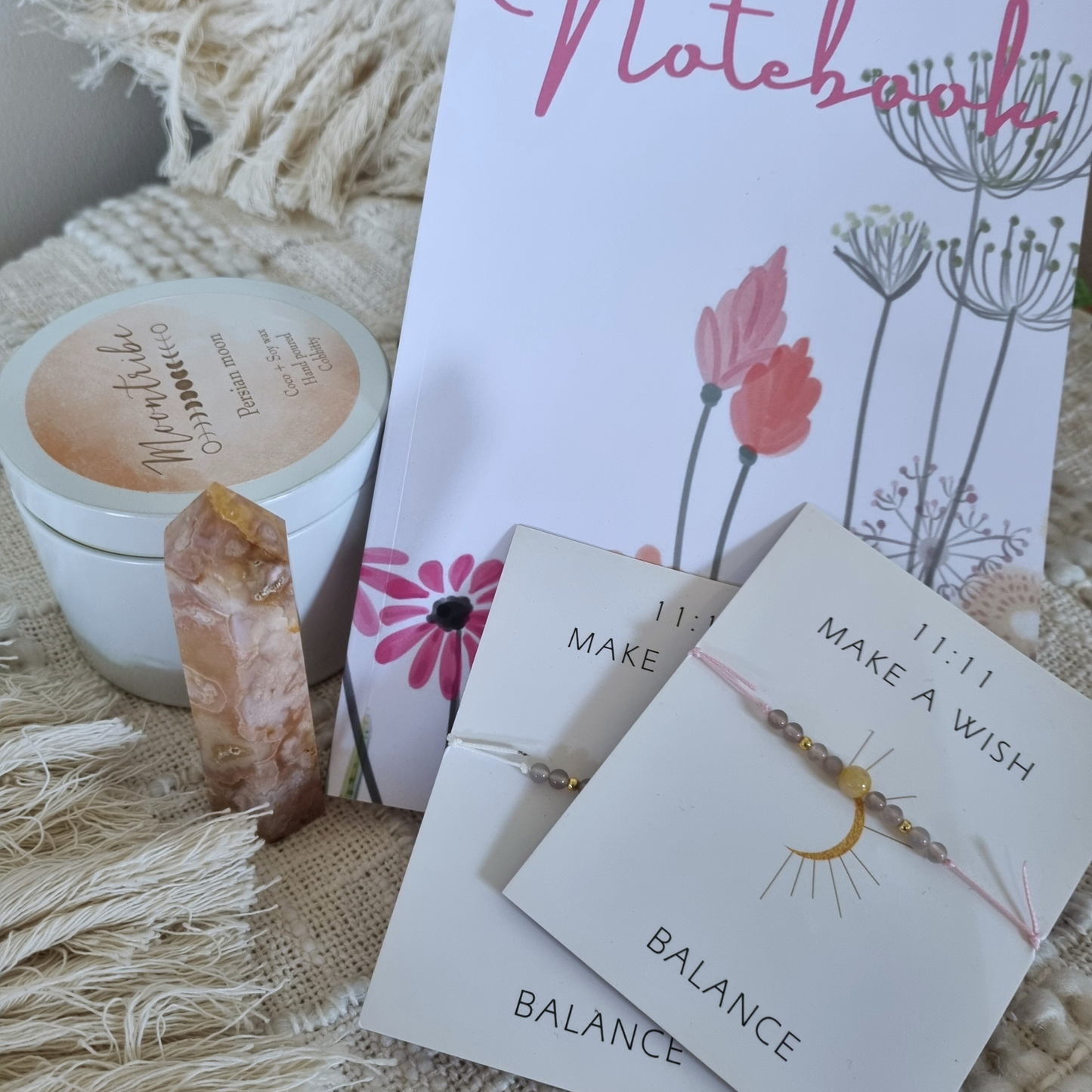 Gift box - Notebook,Candle,bracelets and Cherry Blossom Agate Obelisk