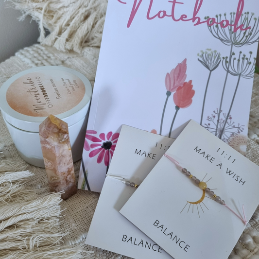 Gift box - Notebook,Candle,bracelets and Cherry Blossom Agate Obelisk