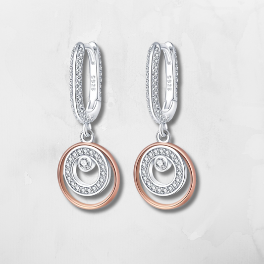 Two-Tone Spiral CZ Drop Earrings – Sterling Silver with Rose Gold Accents