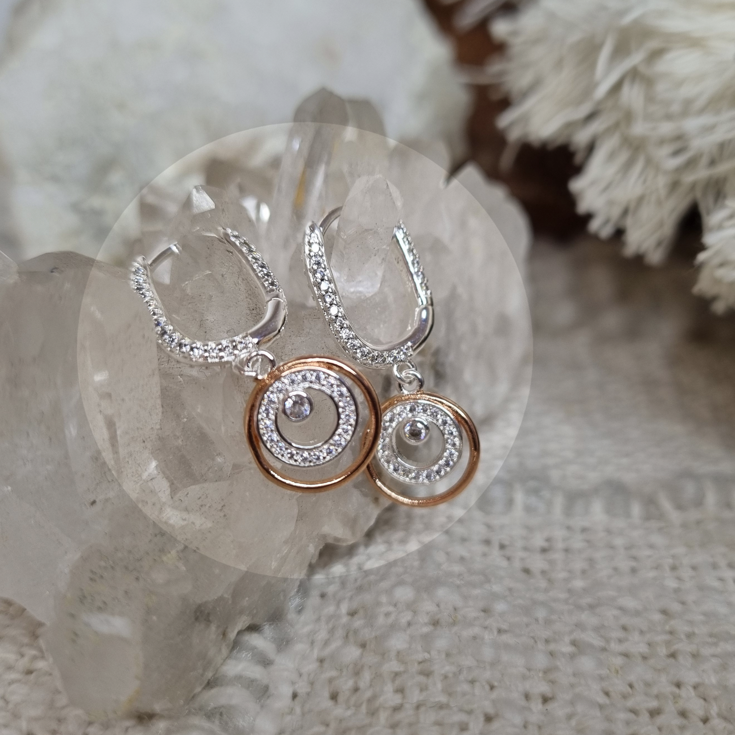 Two-Tone Spiral CZ Drop Earrings – Sterling Silver with Rose Gold Accents