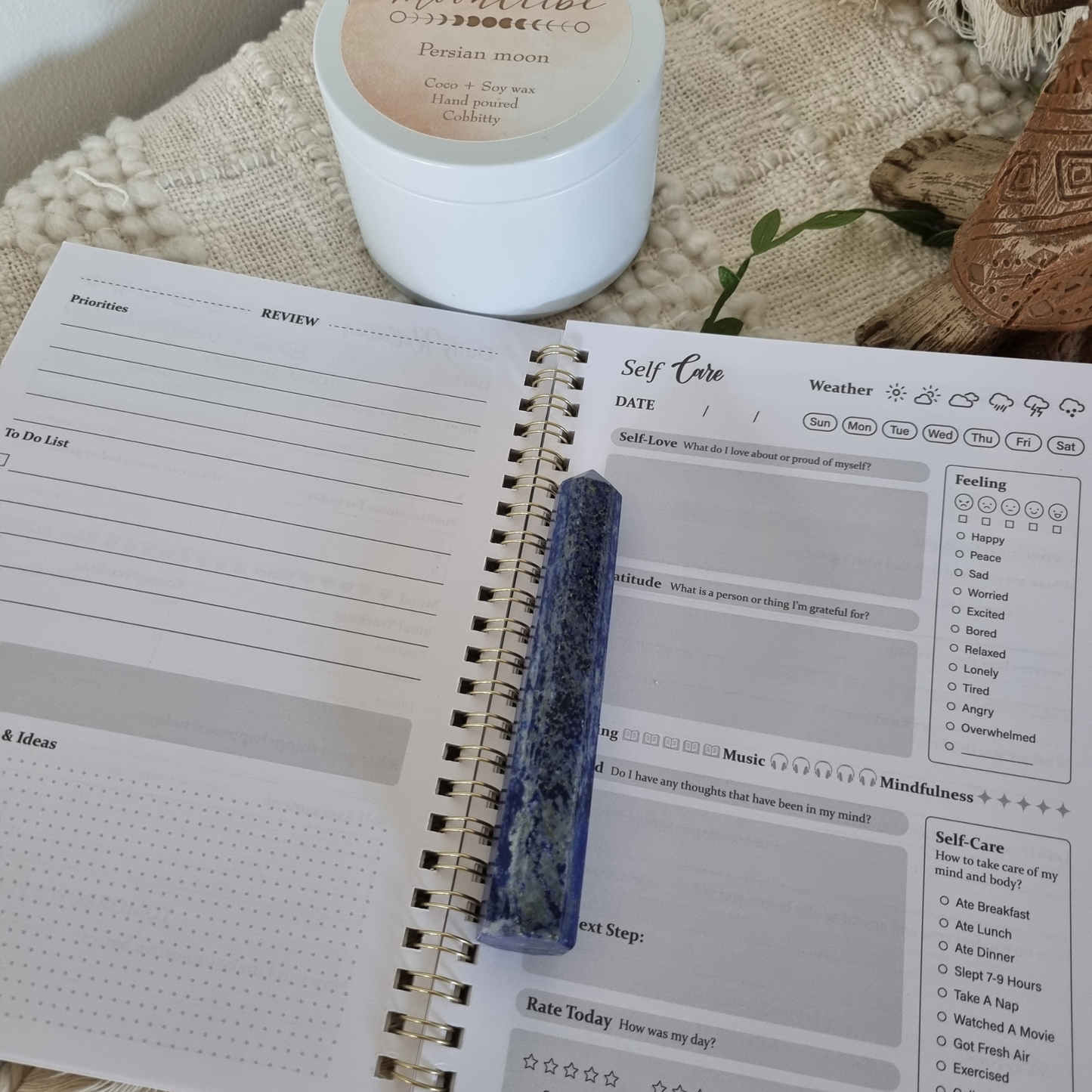 Gift box - Self Care Journal,Candle and Lapis Lazuli Pencil Tower