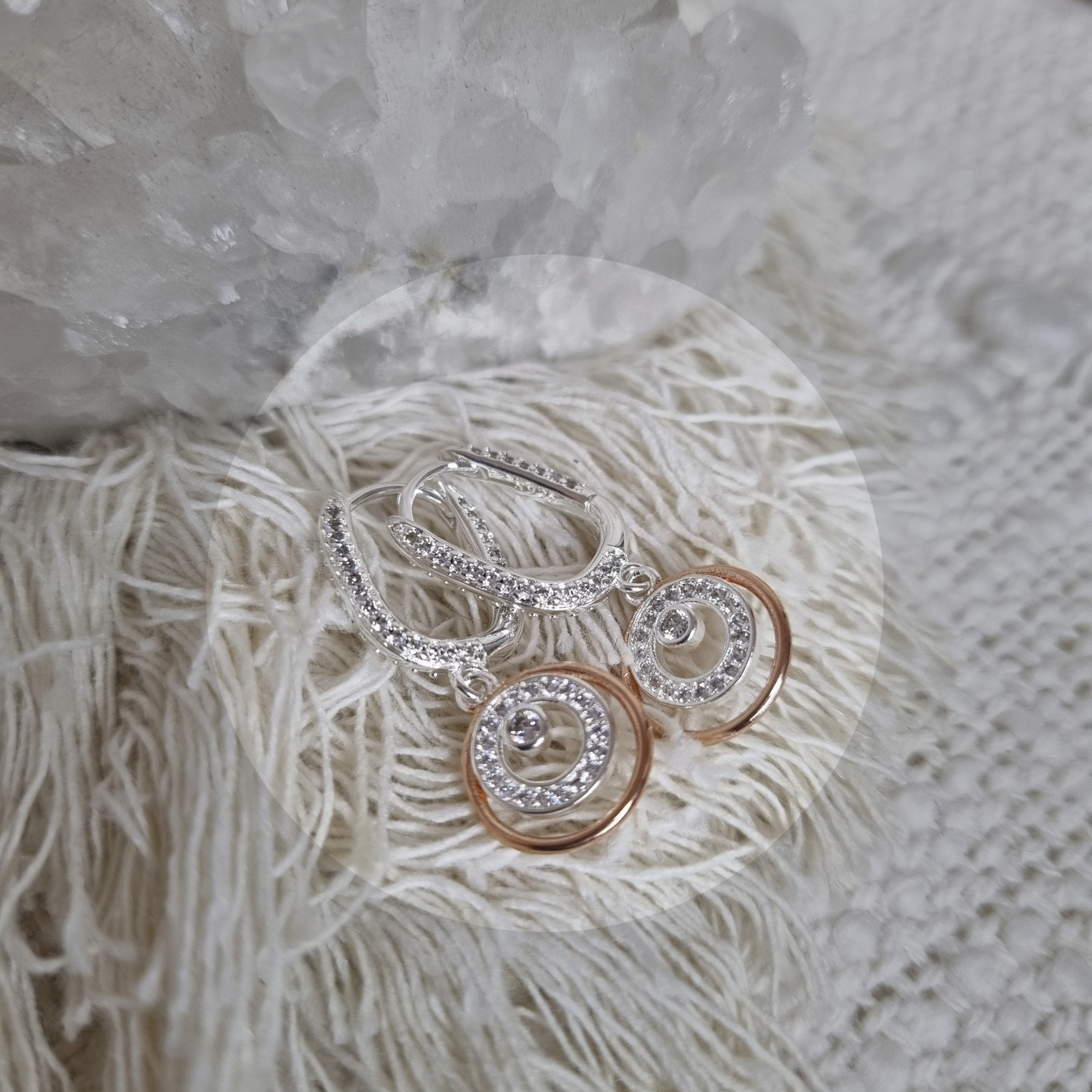 Two-Tone Spiral CZ Drop Earrings – Sterling Silver with Rose Gold Accents
