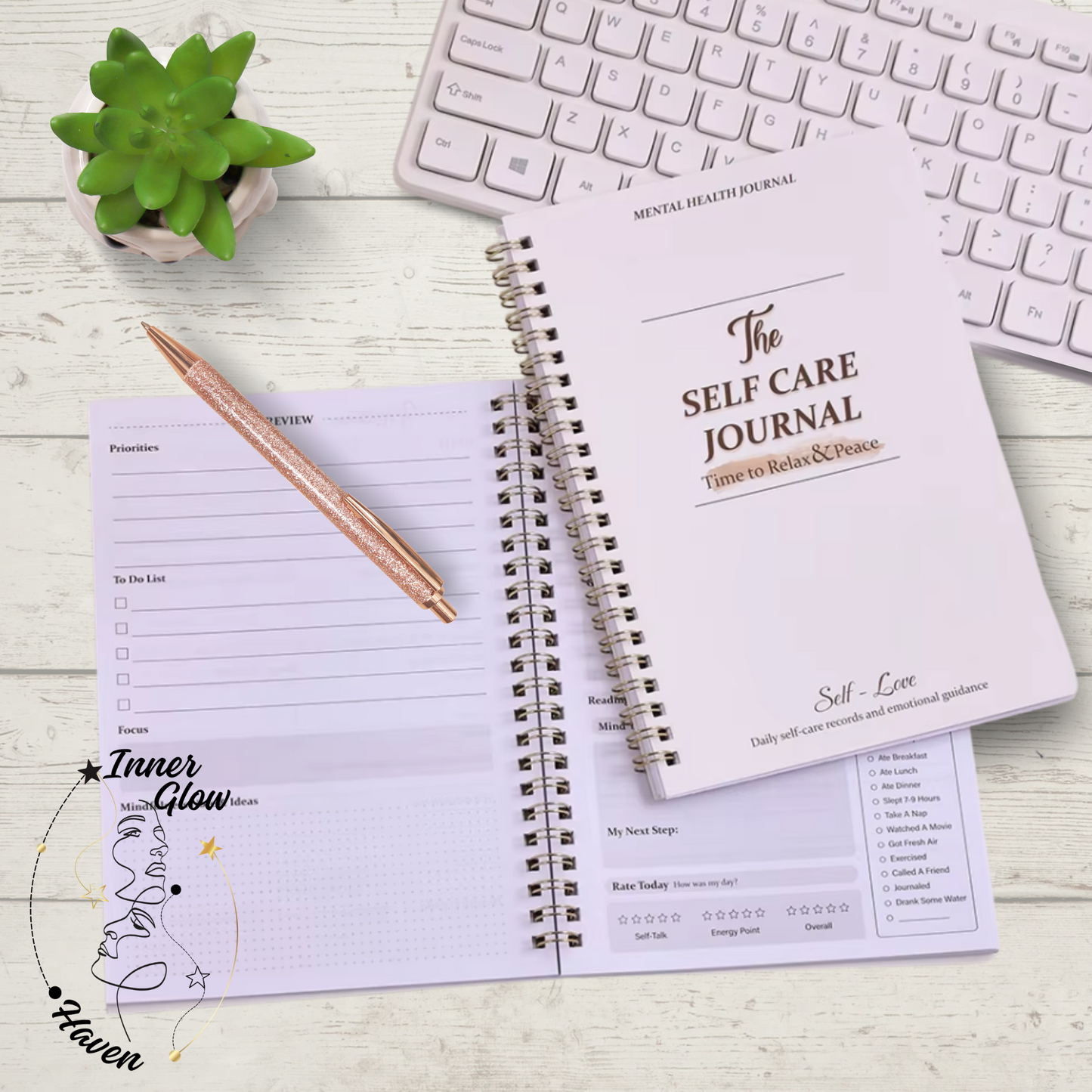 Daily self care tracking, emotional check-ins, guided reflection