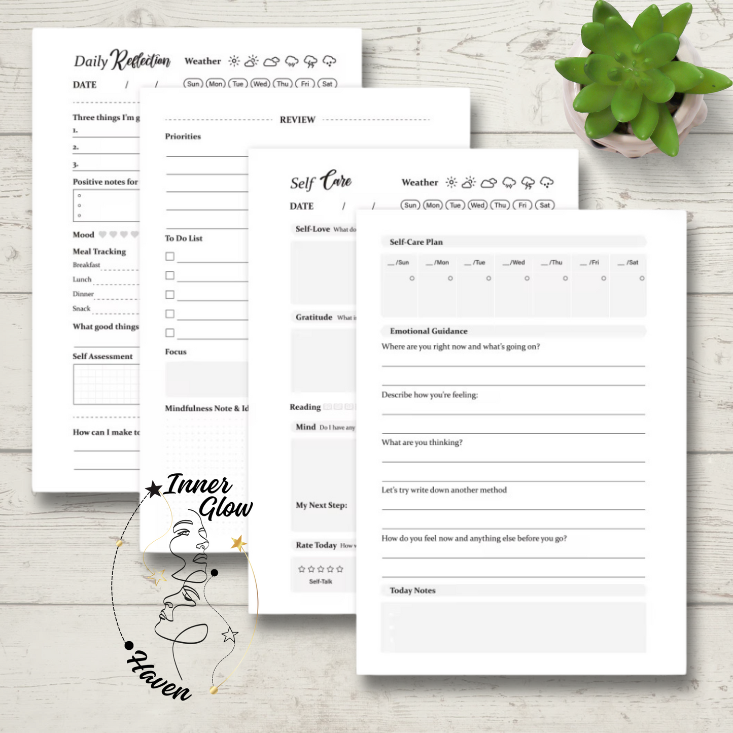 Minimalist layout with prompts for gratitude, mood, intentions, and reflections