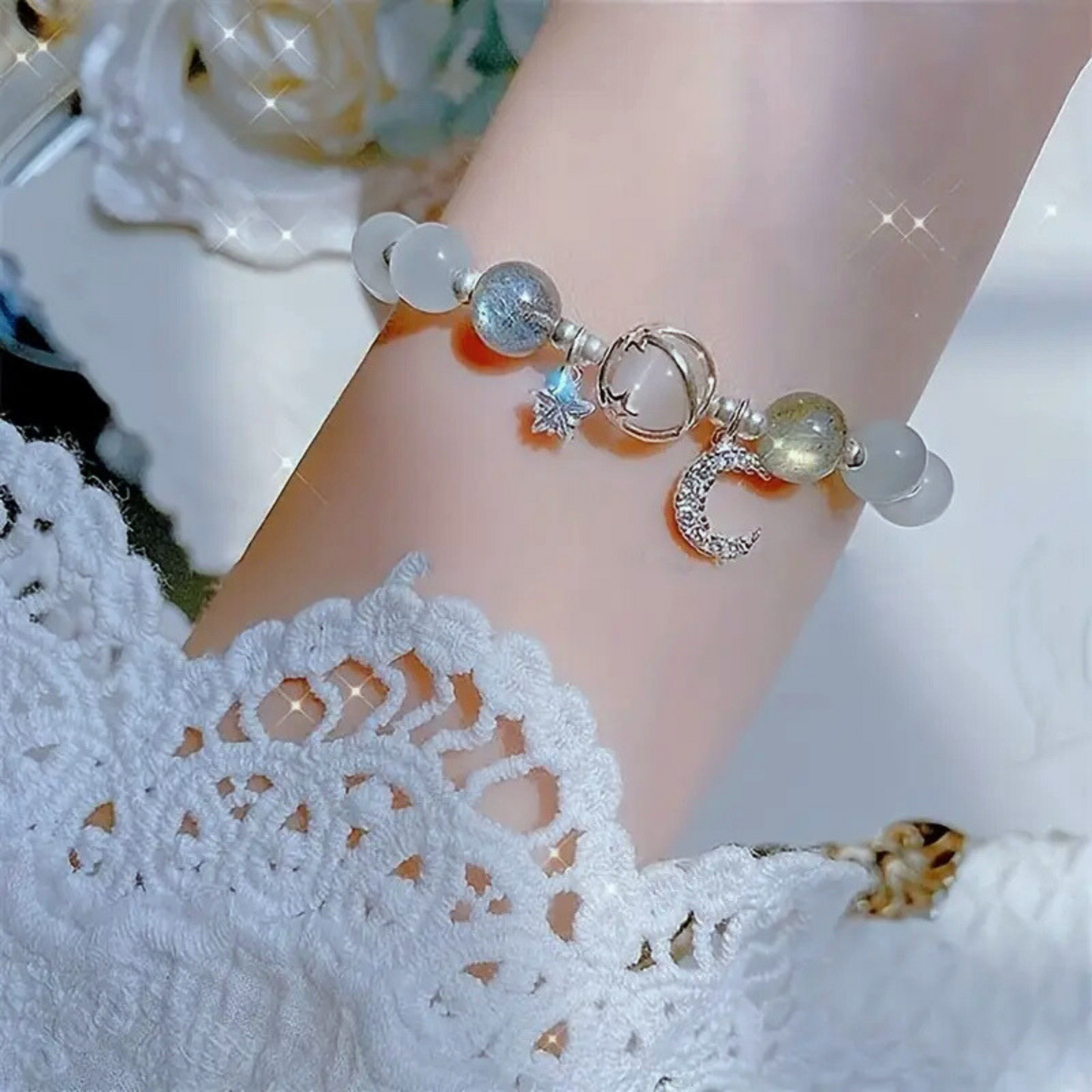 Opal Tumblestone Bracelet with Moon & Star Charms – Intuition, Light & Celestial Beauty