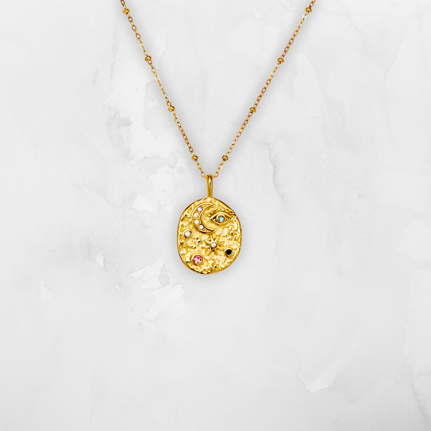 Textured Celestial Multi Gemstones & Pearl Pendant Necklace – 18K Gold Plated Shine