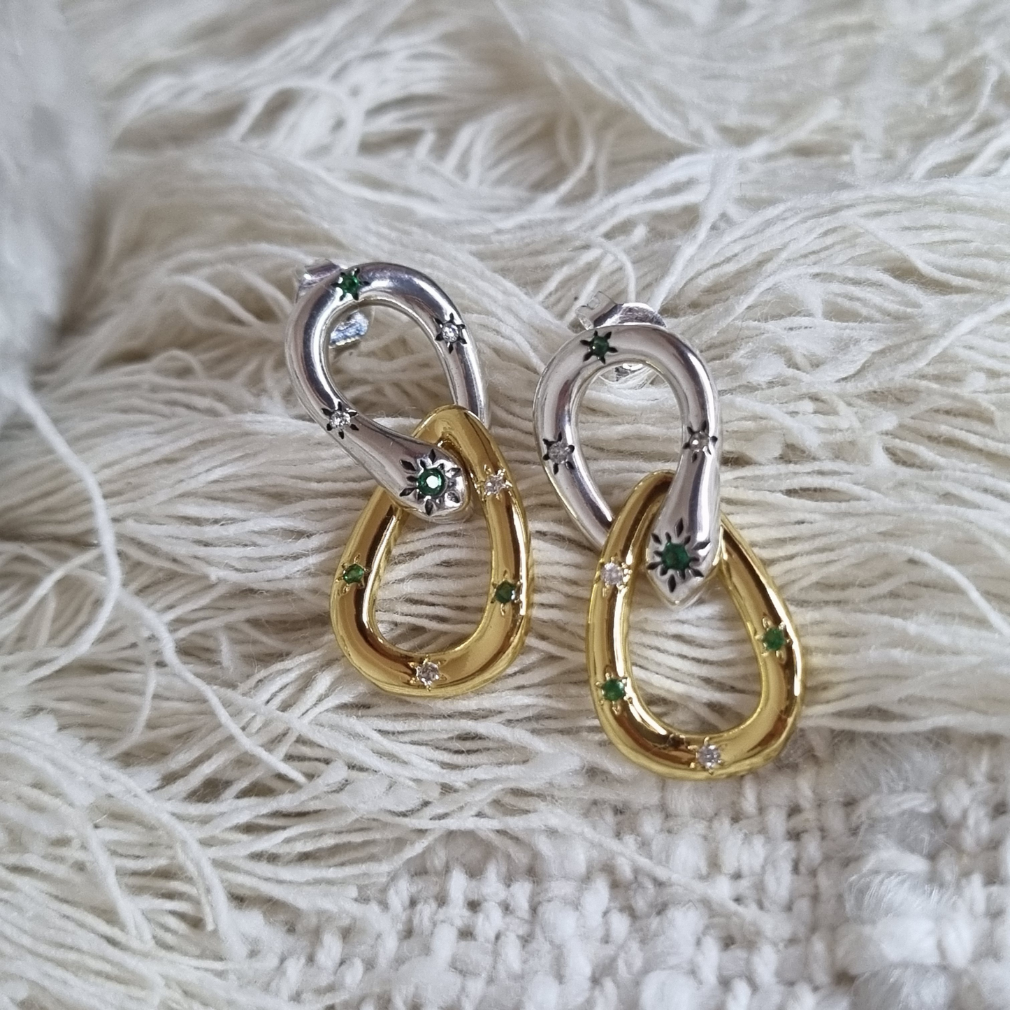 Two-Tone Linked Drop Earrings – Sterling Silver & Gold with Emerald and CZ Accents
