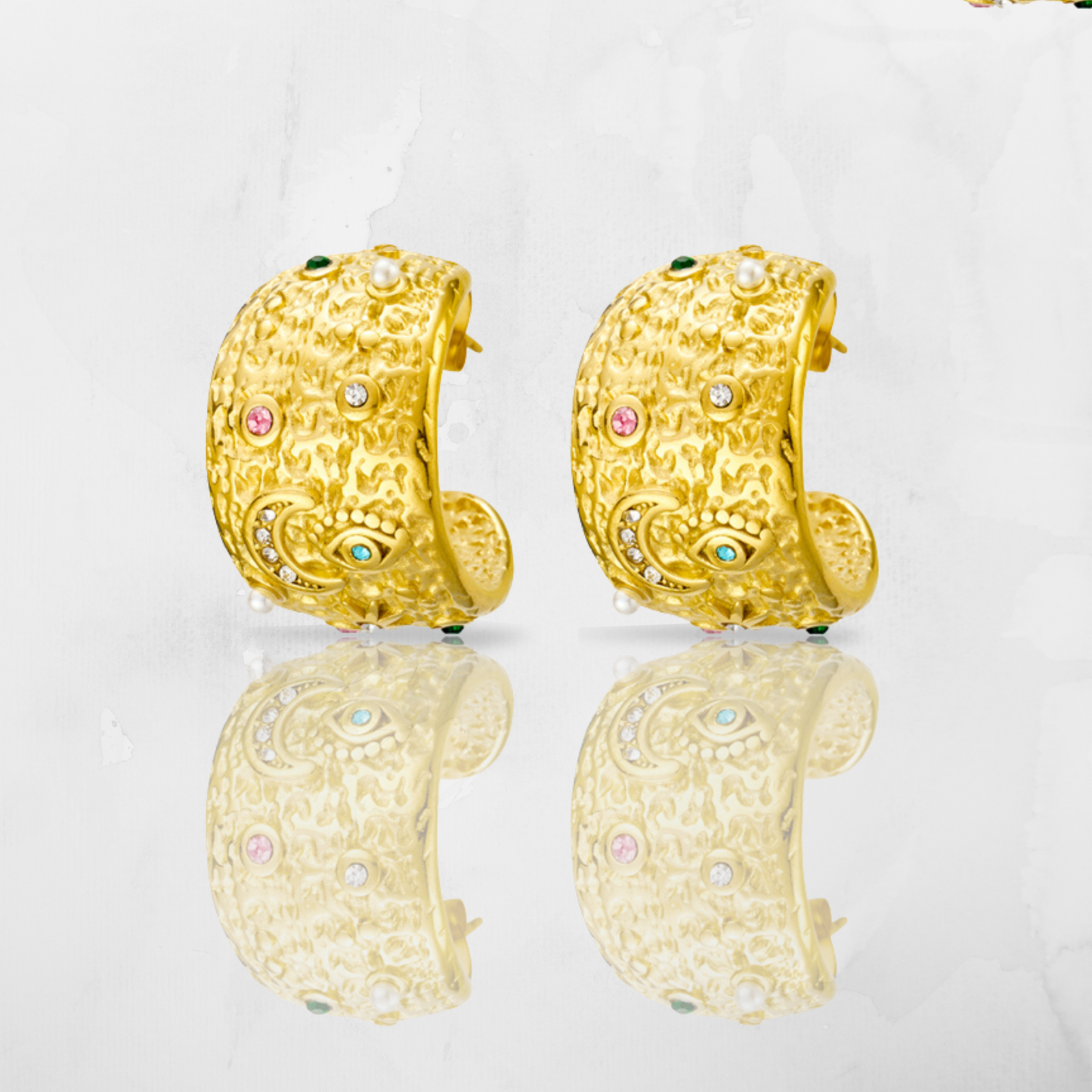 Textured Celestial Multi Gemstones & Pearl Hoop Earrings – 18K Gold Plated Elegance
