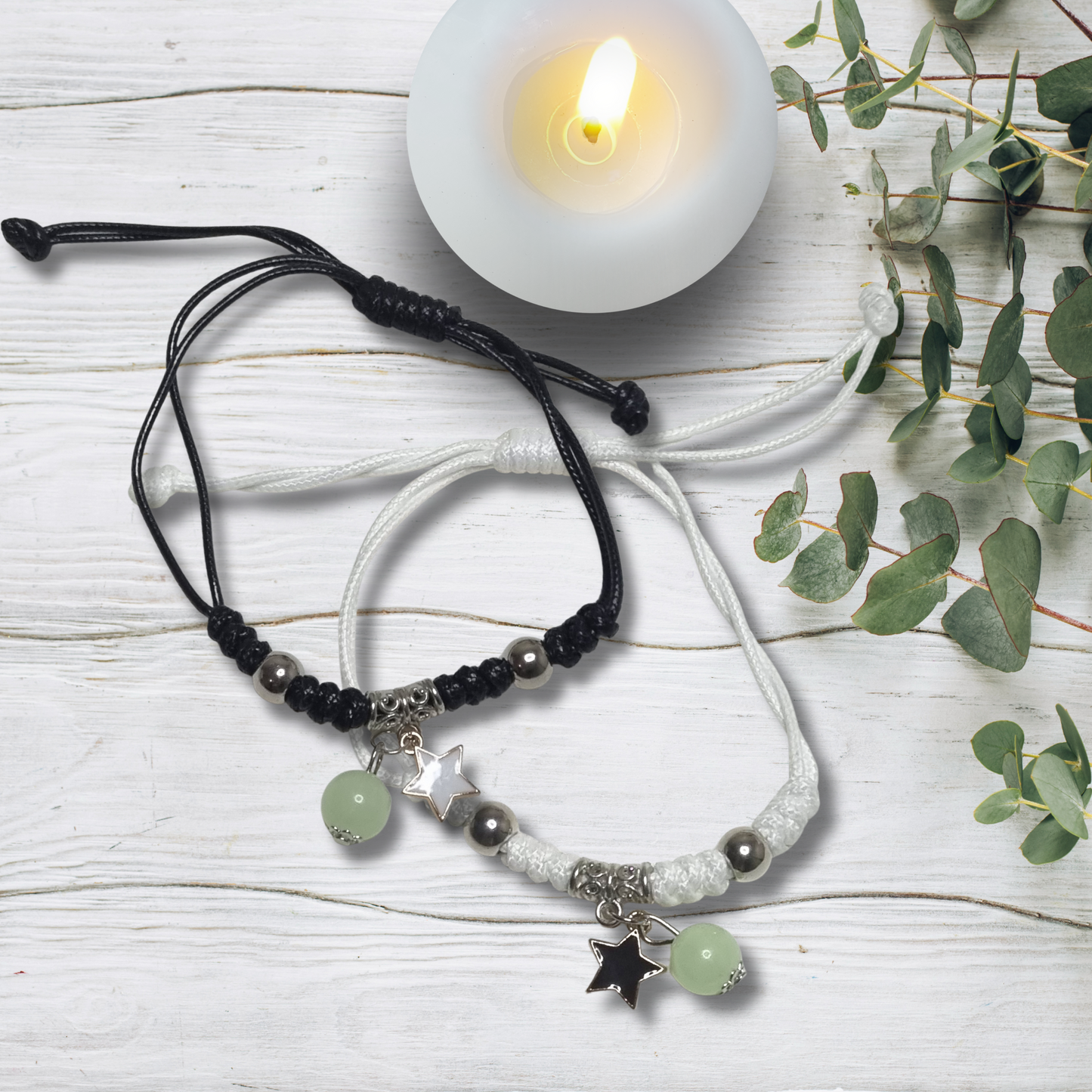 handmade rope jewelry, spiritual matching bracelet, black rope bracelet, glow bead bracelet, adjustable charm bracelet, minimalist boho bracelet