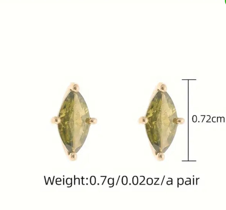 hypoallergenic green earrings, dainty zircon earrings, 925 silver green studs, 18k gold plated stud earrings