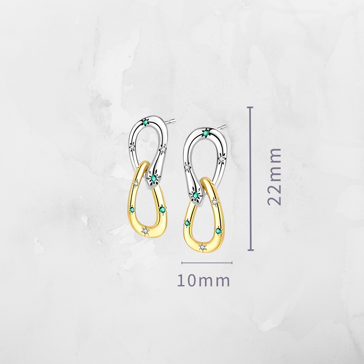 Gold and silver earrings with green gemstones, shown with measurements on a light gray background.