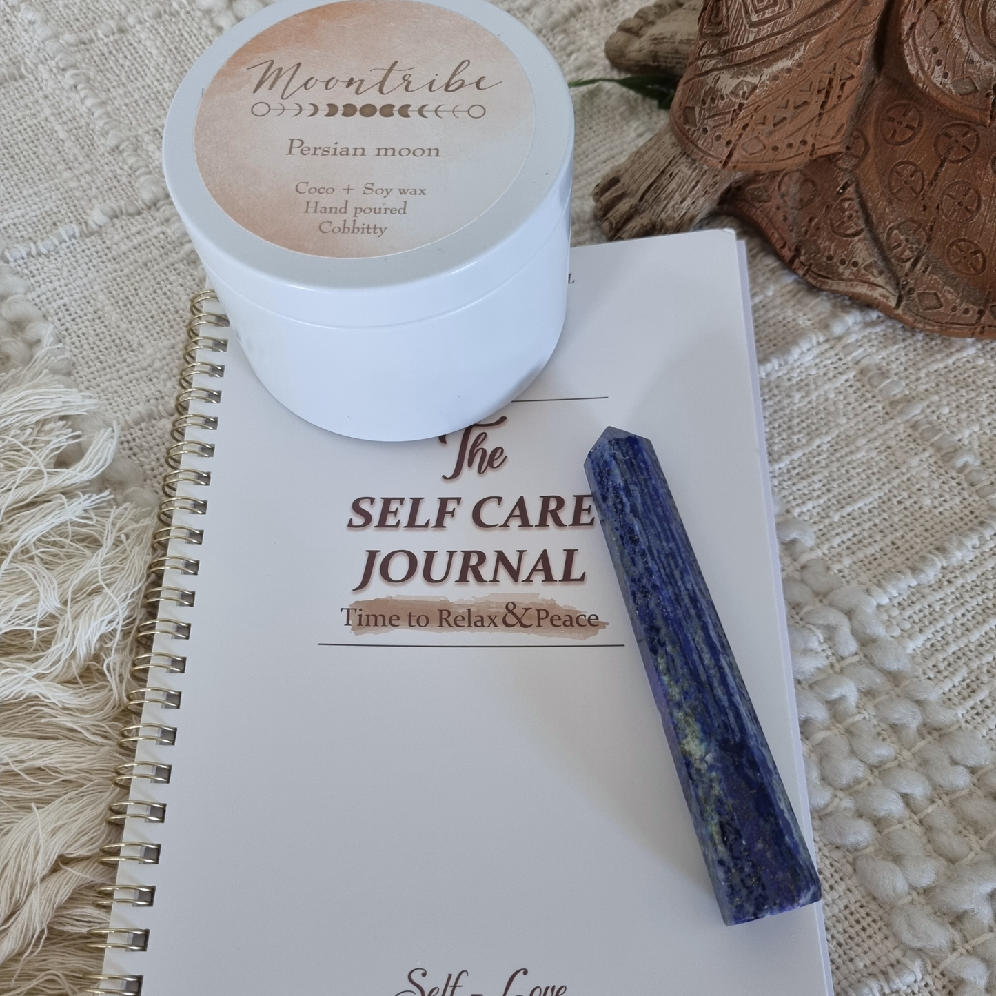 self care gift - journal,candle and crystal tower