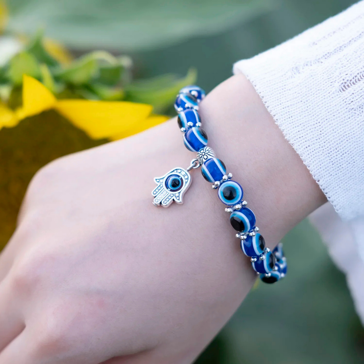 spiritual crystal jewelry, evil eye bead bracelet, elasticated talisman bracelet, good luck charm bracelet, boho evil eye bracelet