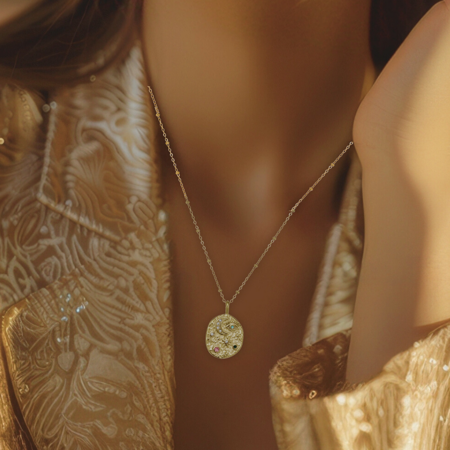 Textured Celestial Pendant Necklace, featuring a unique blend of multi-colored gemstones, a lustrous pearl, and refined textured detailing.