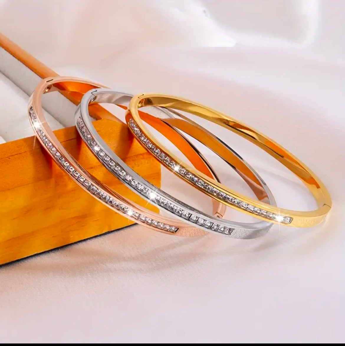 waterproof bangle, tarnish resistant jewelry, everyday gold bangle, minimalist cz bracelet, sleek stainless steel bangle