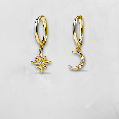 Star & Moon Huggie Earrings - Silver & Gold
