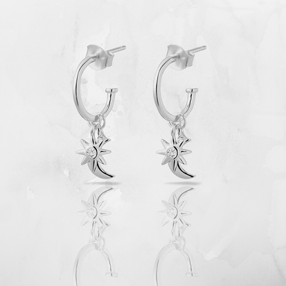 Half Hoop Moon & CZ Star Earrings -Silver