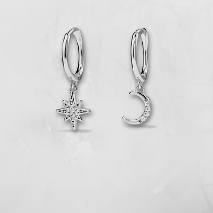 Star & Moon Huggie Earrings - Silver & Gold