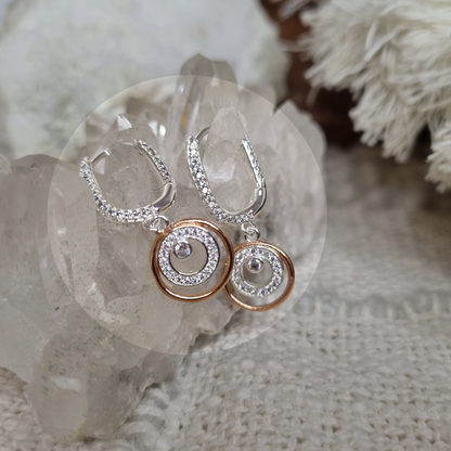 Two-Tone Spiral CZ Drop Earrings – Sterling Silver with Rose Gold Accents