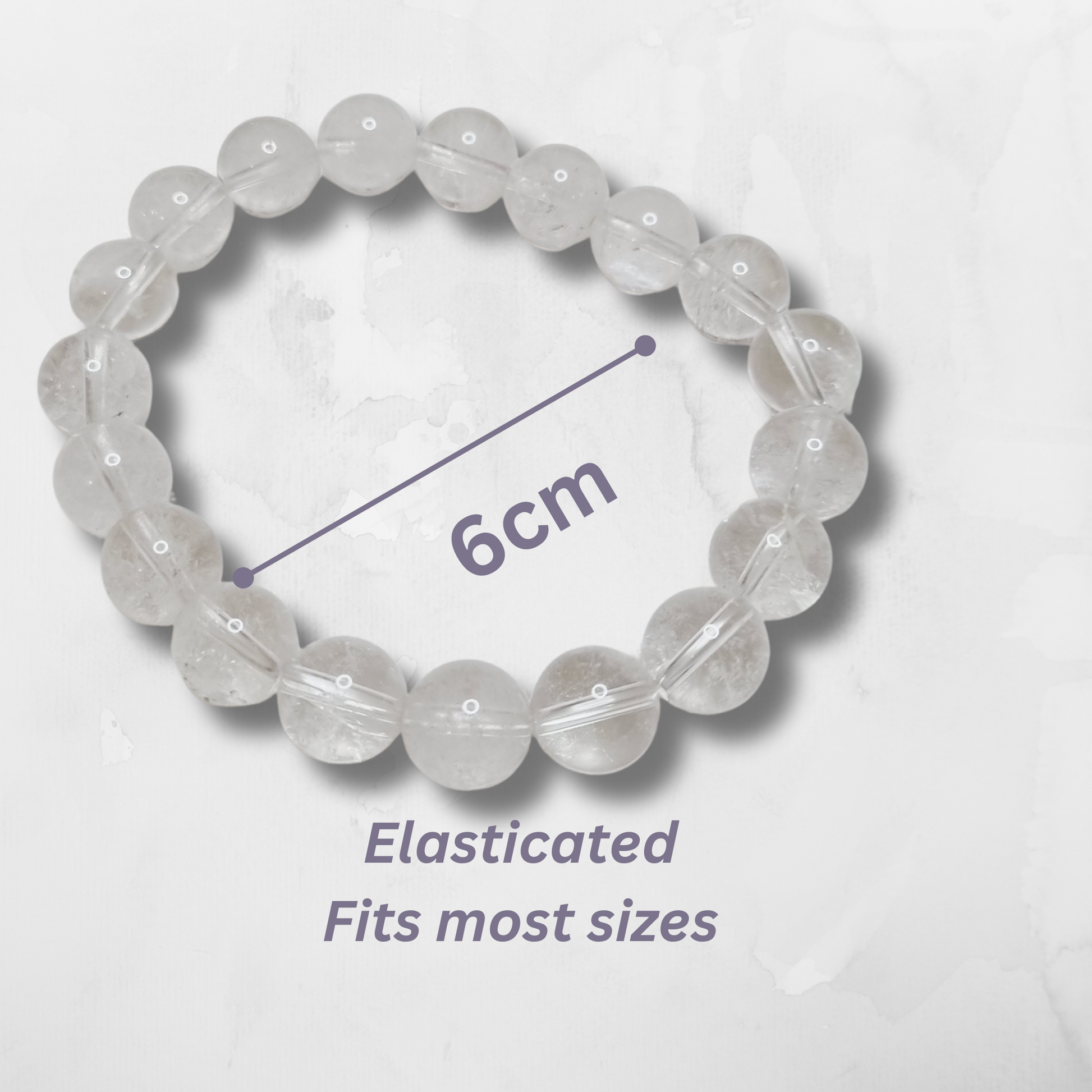 Clear beaded bracelet with measurement text on a white background