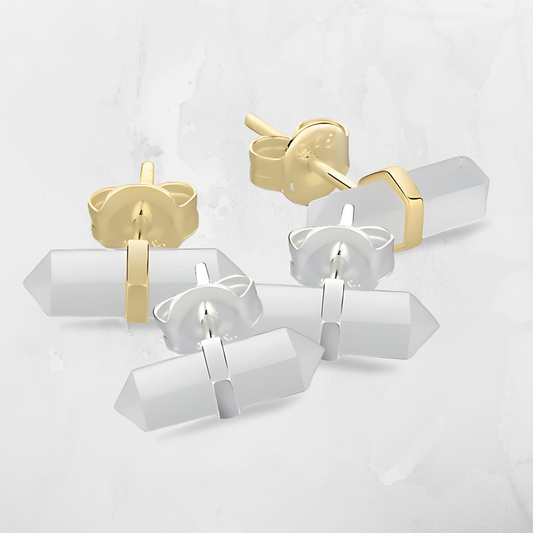 Double Pointed Clear Quartz Stud Earrings – Sterling Silver or 18K Gold Plated
