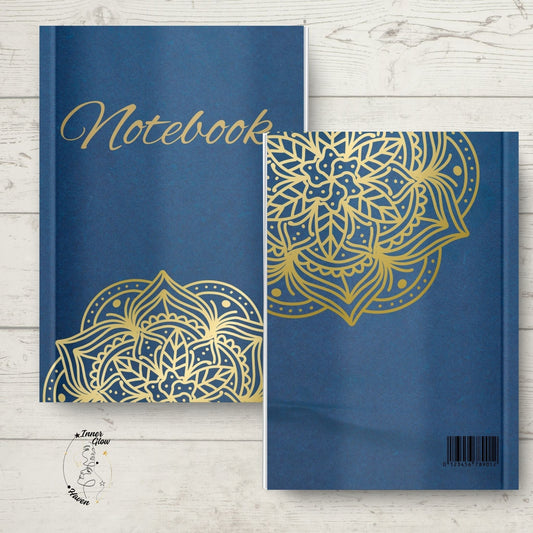 Find calm with our blue & gold mandala notebook. 120 lined pages for journaling, goal-setting, and mindful reflections—a beautiful self-care companion.