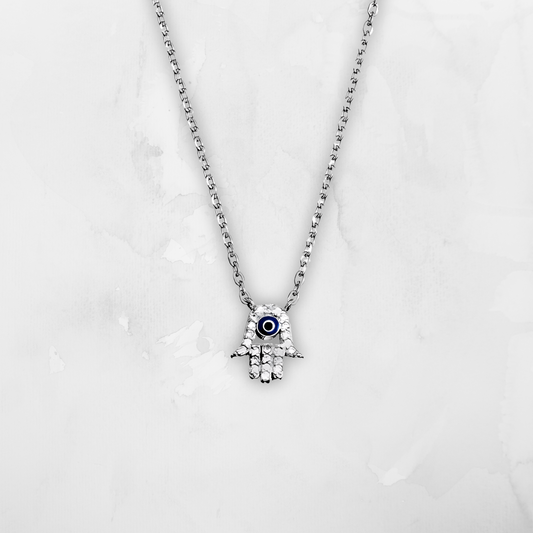Mini CZ Hand and Eye Necklace – Rhodium Plated Silver Charm
