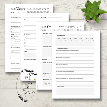 Minimalist layout with prompts for gratitude, mood, intentions, and reflections