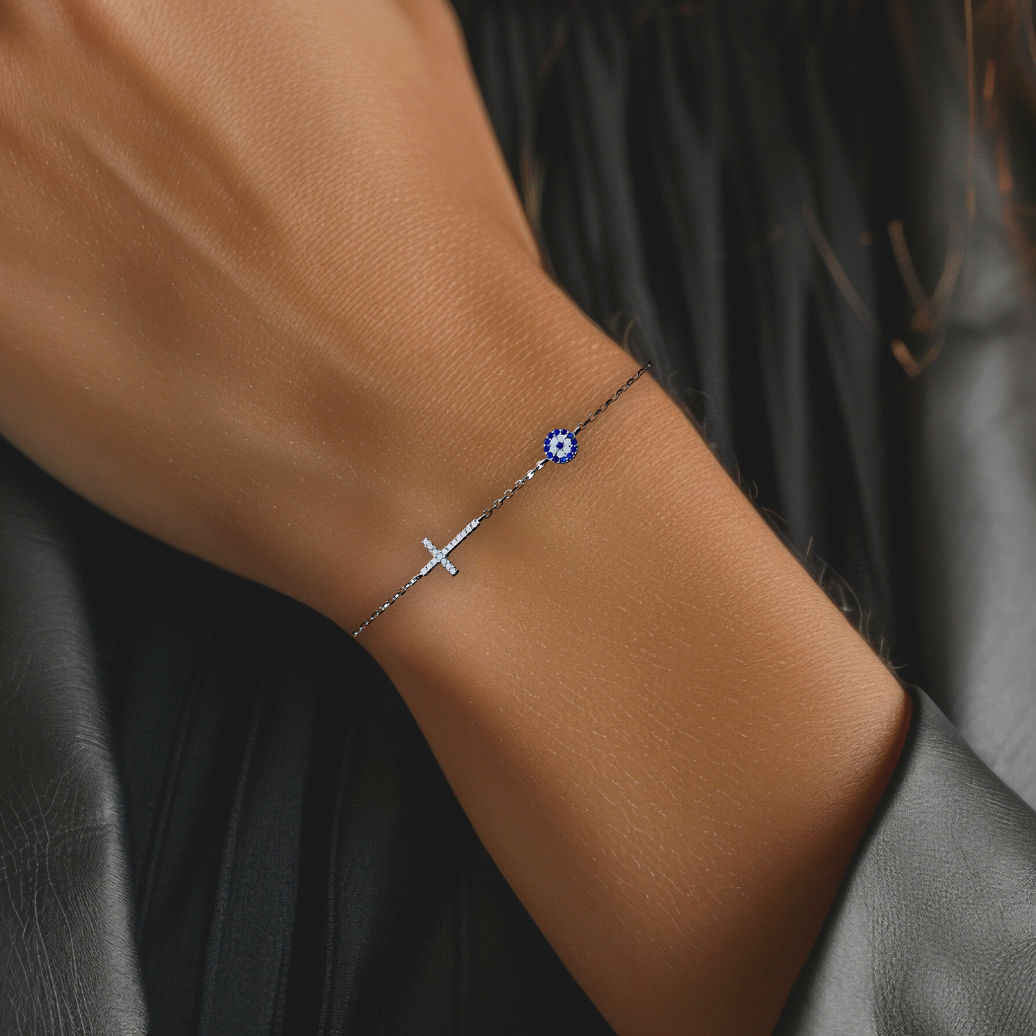 Silver Evil Eye & Cross Bracelet – 925 Sterling Silver Symbol of Protection & Faith