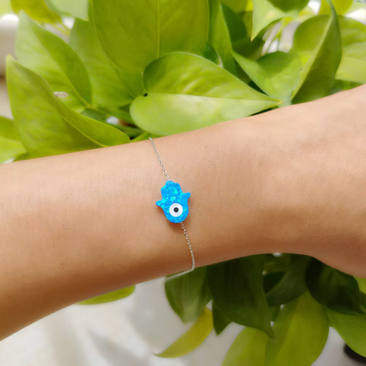 Sterling Silver Hamsa & Evil Eye Bracelet – Light Blue Opalite Protection