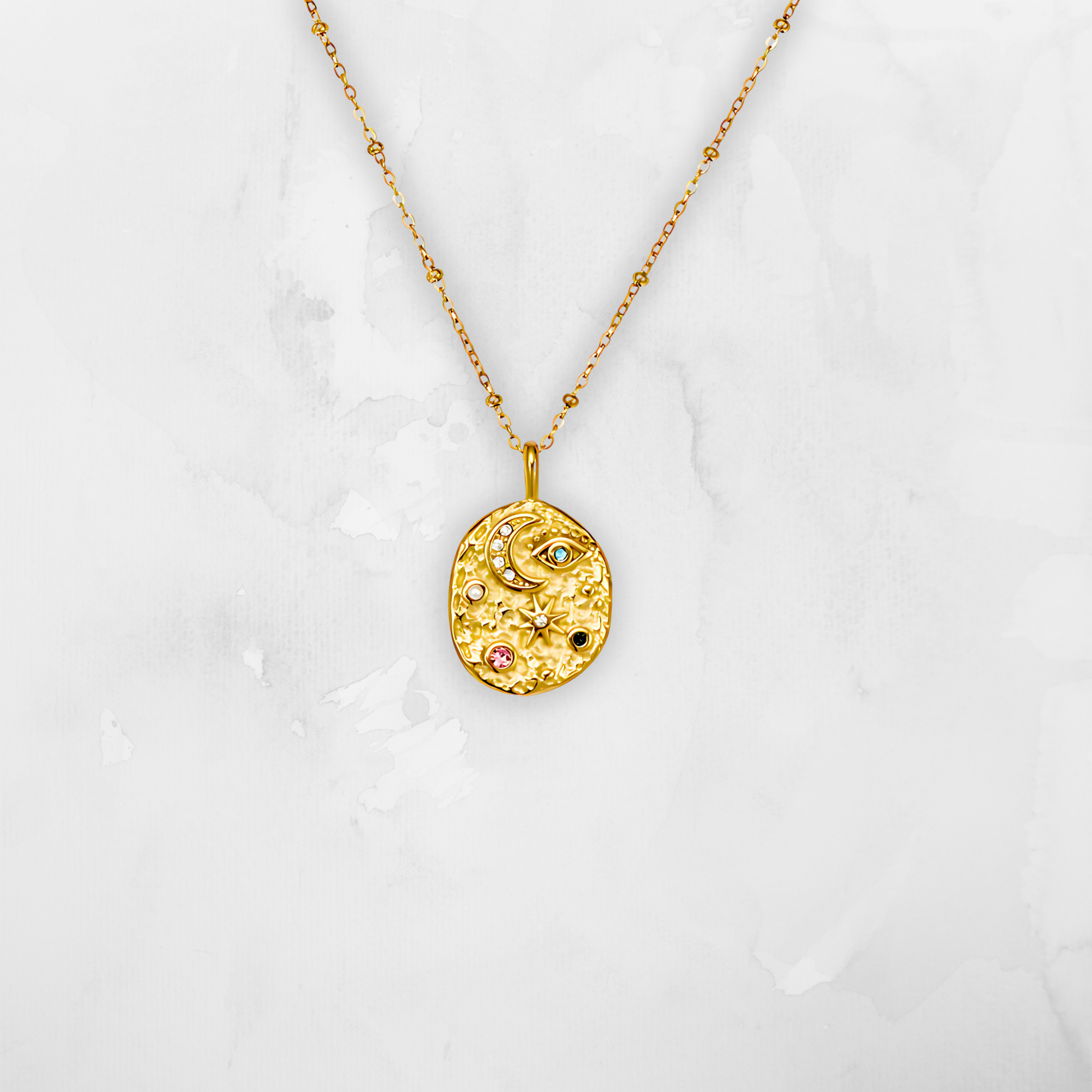 Textured Celestial Multi Gemstones & Pearl Pendant Necklace – 18K Gold Plated Shine