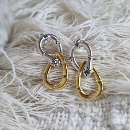 Two-Tone Linked Drop Earrings – Sterling Silver & Gold with Emerald and CZ Accents