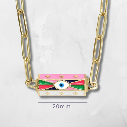 Chain Length: 42cm
Design: Colorful resin barrel beads with central Evil Eye detail
Style: Playful, spiritual, boho-chic
Symbolism: Evil Eye – protection, good fortune, positive energy
Features: Lightweight and comfortable for everyday wear