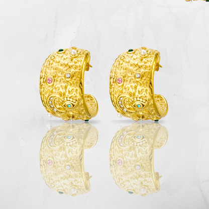 Textured Celestial Multi Gemstones & Pearl Hoop Earrings – 18K Gold Plated Elegance
