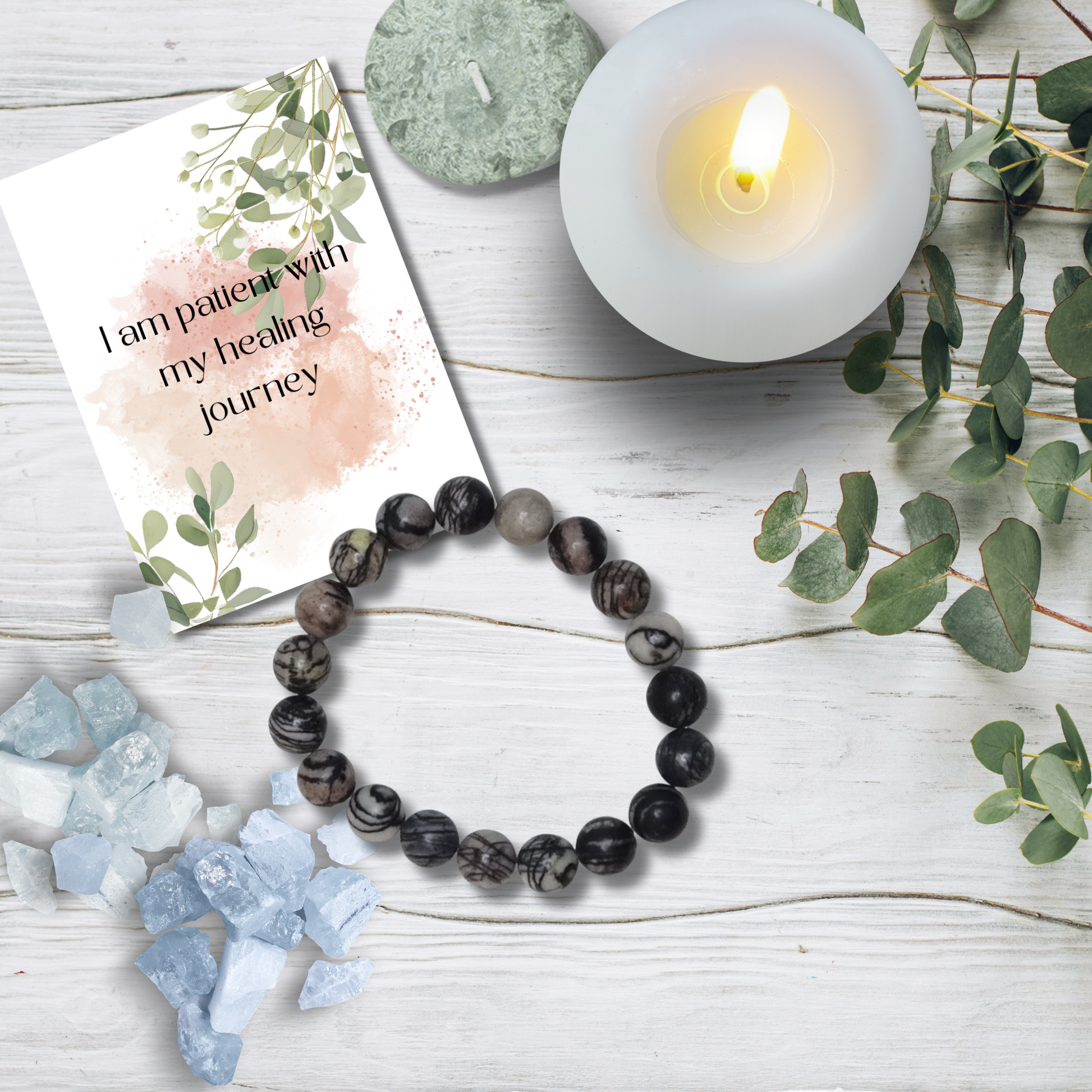 Ground your energy and embrace stability with our Black Web Jasper Tumblestone Bracelet