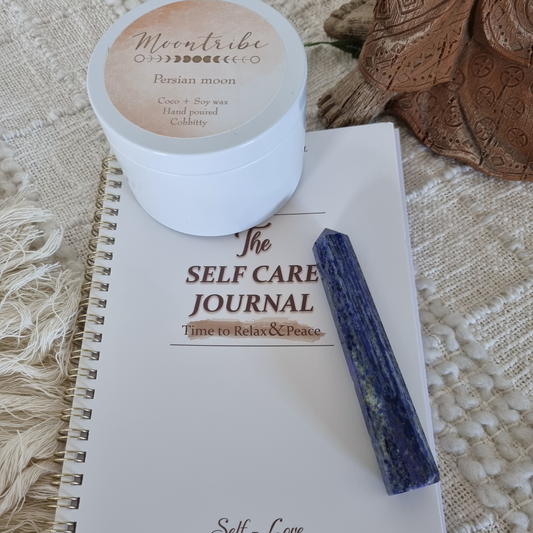 self care gift - journal,candle and crystal tower