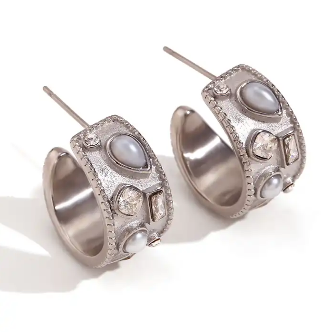 Margot Earrings in Silver – Crystal & Pearl Statement Hoops