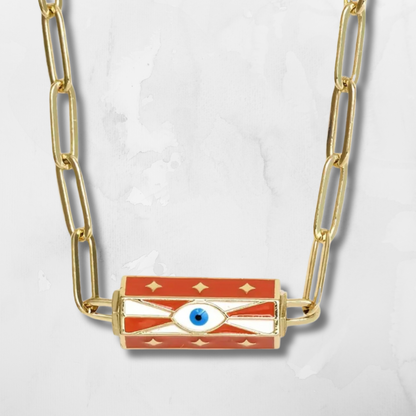spiritual charm necklace, evil eye pendant,burnt orange colorway