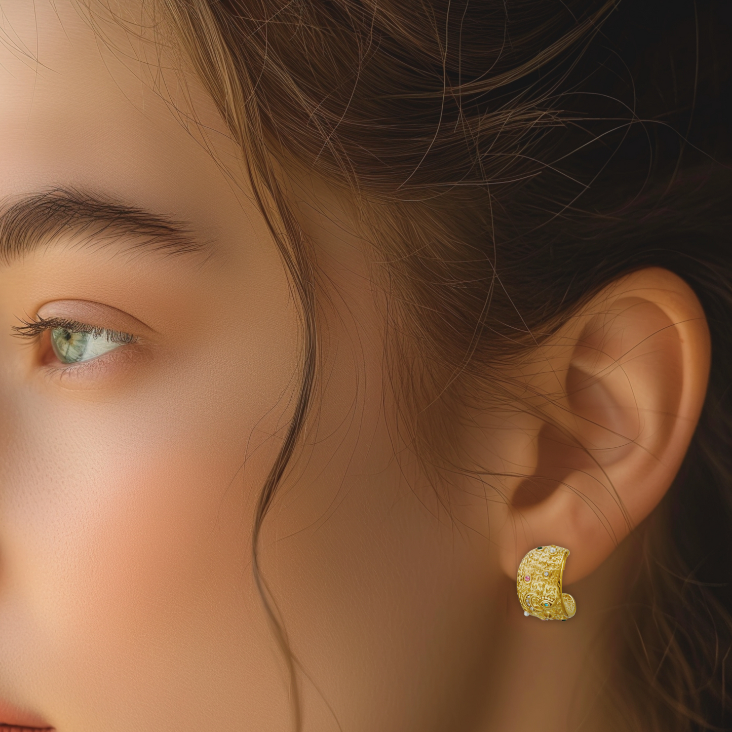 These Textured Celestial Multi Gemstones & Pearl Hoop Earrings are a sophisticated and versatile addition to any jewelry collection. Featuring a graceful mix of sparkling gemstones and delicate pearls, these hoops radiate celestial charm while maintaining a modern, elegant silhouette.

The textured design adds a unique and eye-catching finish, making them perfect for everything from special occasions to elevating your everyday look. Expertly crafted with 18K Gold PVD plating, they’re made to shine and last.